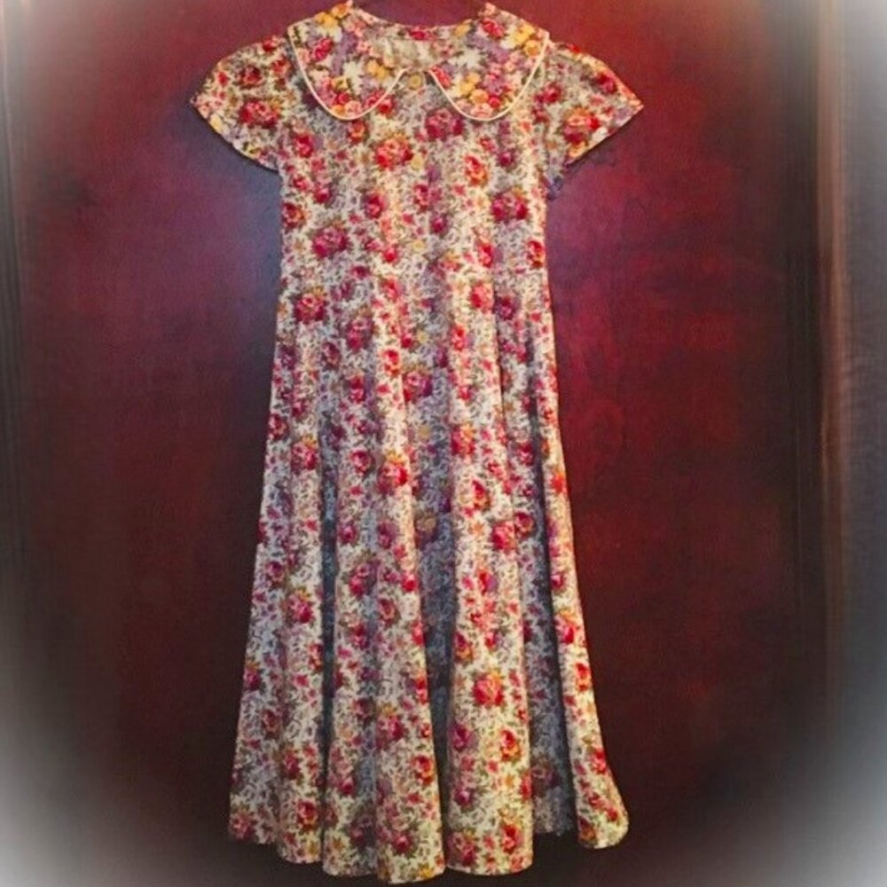 Vintage Child's Spring/Summer Pleated Dress in Red Pink & Purple Floral Print